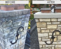 Fireplace & Chimney Authority tuck pointed the chimney, acid washed and completed the project with new chimney covers and crown coat. Chimney Tuckpointing Before & After