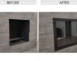 Stoll Custom Door with Hidden Frames and Clear Glass Doors, Square Handles, and Midnight Black Reflective Fire Glass Stoll Custom Door