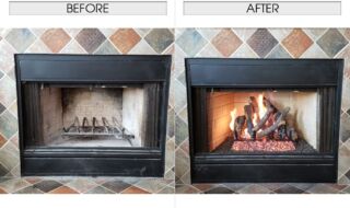 New Logs Include the 24" Charred Evergreen Oak Logs and the G52 Radiant Fyre Burner System with Electronic Variable Valve & Remote. Also with the Bronze Reflective Fireglass. Before & After Gas Log Replacement