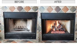 New Logs Include the 24" Charred Evergreen Oak Logs and the G52 Radiant Fyre Burner System with Electronic Variable Valve & Remote. Also with the Bronze Reflective Fireglass. Before & After Gas Log Replacement
