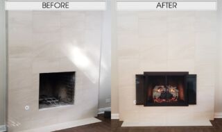 24" Charred Mountain Birch with G45 Vented Triple T Burner System and Midnight Black Fireglass. Before & After Gas Logs