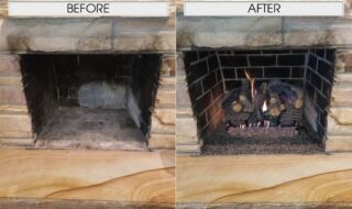 24" Charred Majestic Oak Vented Gas Logs with 24" G45 Triple T Burner System. Finished with Black Lava Rock on the floor of the fireplace. Before & After Fireplace Logs