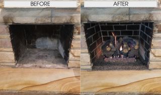 24" Charred Majestic Oak Vented Gas Logs with 24" G45 Triple T Burner System. Finished with Black Lava Rock on the floor of the fireplace. Before & After Fireplace Logs