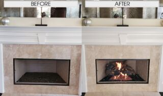 New Log Set Includes the G46 Vented Burner with 24" Charred American Oak Gas Logs and Midnight Black Reflective Fireglass. Before & After Log Set