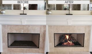 New Log Set Includes the G46 Vented Burner with 24" Charred American Oak Gas Logs and Midnight Black Reflective Fireglass. Before & After Log Set