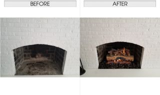 New Mountain Crest Split Oak Log Set Installation with G46 Burner, Surrounded with Black Lava Rocks. Mountain Crest Split Oak with G46 Burner