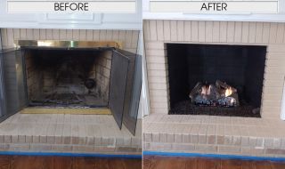 Fireplace makeover with vent free slope glaze burner, log set, firebox repainted and black lava. Vent Free Fireplace Makeover