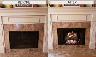 G46 Series Ansi Certified Burner System with 18" American Oak Gas Log Set and GunMetal Reflective Fire Glass. Before & After Gas Logs