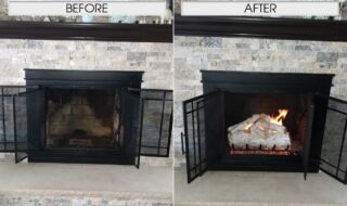 RealFyre Mountain White Birch Log upgrade with a G45 burner and a firebox makeover with paint and fire glass. RealFyre Mountain White Birch Log Upgrade