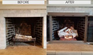 24" Mountain White Birch Logs with G46 Burner and Black Lava Rock. Completed with a Stoll Columbia Door. Before & After Gas Logs