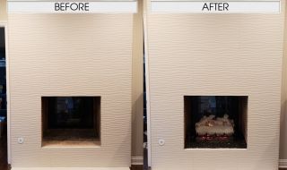 See Through 24" Mountain White Birch with G45 Triple T See Thru Burner System and Midnight Black Reflective Fire Glass. Before & After See Thru Log Set