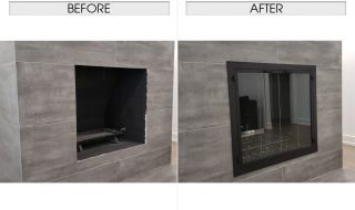 Stoll Custom Door with Hidden Frames and Clear Glass Doors, Square Handles, and Midnight Black Reflective Fire Glass Stoll Custom Door