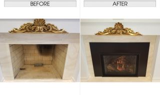 New Fullview Natural Gas Insert with Premium Oak Fiber Log Set and Grey Slate Brick Lining Natural Gas Insert with Premium Oak Fiber Log Set