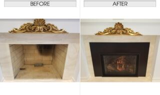 New Fullview Natural Gas Insert with Premium Oak Fiber Log Set and Grey Slate Brick Lining Natural Gas Insert with Premium Oak Fiber Log Set