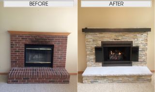 New Vent-Free Slope Glaze Burner and Ravenwood Log Set Install with New Sierra Shadowstone, Antique Black Mantel, Rock Face Limestone Hearth and a new Custom Door. New Vent-Free Slope Glaze Burner and Ravenwood Log Set Install with New Sierra Shadowstone, Antique Black Mantel, Rock Face Limestone Hearth and a new Custom Door.
