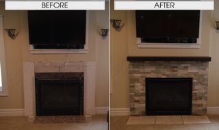 Complete new fireplace install with a new Stoll Vintage Vein Mantel and Hearthstone Cut Stones Complete new fireplace install with a new Stoll Vintage Vein Mantel and Hearthstone Cut Stones