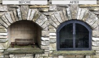 Outdoor Fireplace Project with Custom Stainless Steel ARCH glass door in the Forged Iron series. Outdoor Fireplace Project