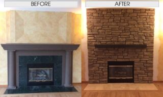 Before & After Fireplace Refacing with Antique White Mantel Before & After Fireplace Refacing with Antique White Mantel