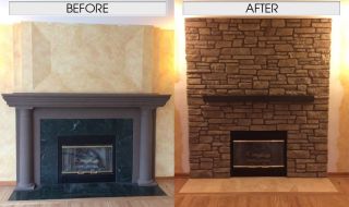 Before & After Fireplace Refacing with Antique White Mantel Before & After Fireplace Refacing with Antique White Mantel
