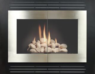 Manhattan Zero Clearance Reface in Textured Black with Brushed Nickel Frame and 1515 Louvers Manhattan Zero Clearance Reface in Textured Black with Brushed Nickel Frame and 1515 Louvers